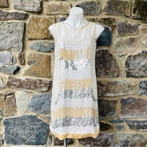 Satori Sleeveless Striped Sequins Mini Shift Dress in Cream & Silver Size Large